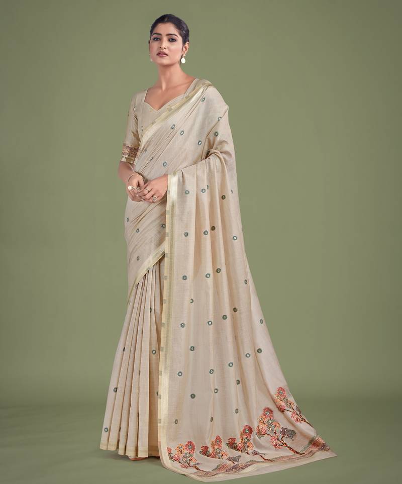 off white red silk blend banarasi jacuard work saree with unstitched blouse piece
