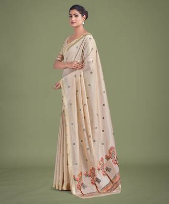 off white red silk blend banarasi jacuard work saree with unstitched blouse piece 2