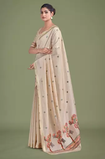 off white red silk blend banarasi jacuard work saree with unstitched blouse piece