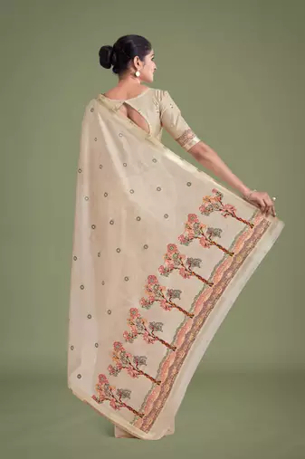 off white red silk blend banarasi jacuard work saree with unstitched blouse piece