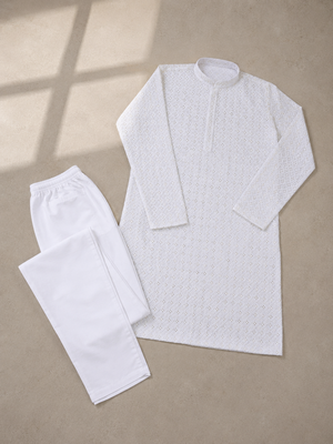 White color traditional chikankari embroidery cotton men's kurta payjama set 5