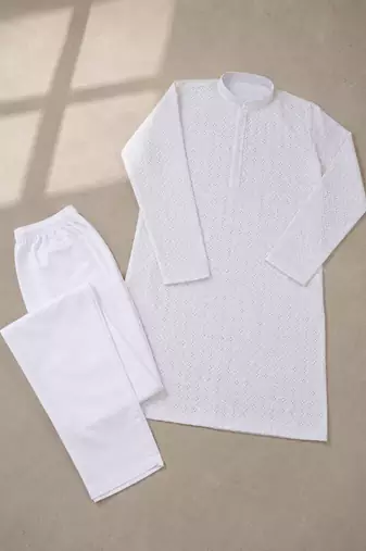 White color traditional chikankari embroidery cotton men's kurta payjama set