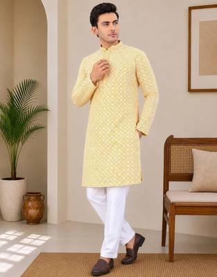 Yellow color traditional chikankari embroidery cotton men's kurta payjama set 1