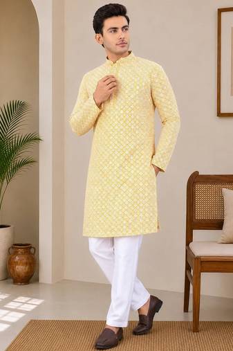Yellow color traditional chikankari embroidery cotton men's kurta payjama set
