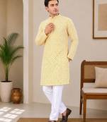 Yellow color traditional chikankari embroidery cotton men's kurta payjama set