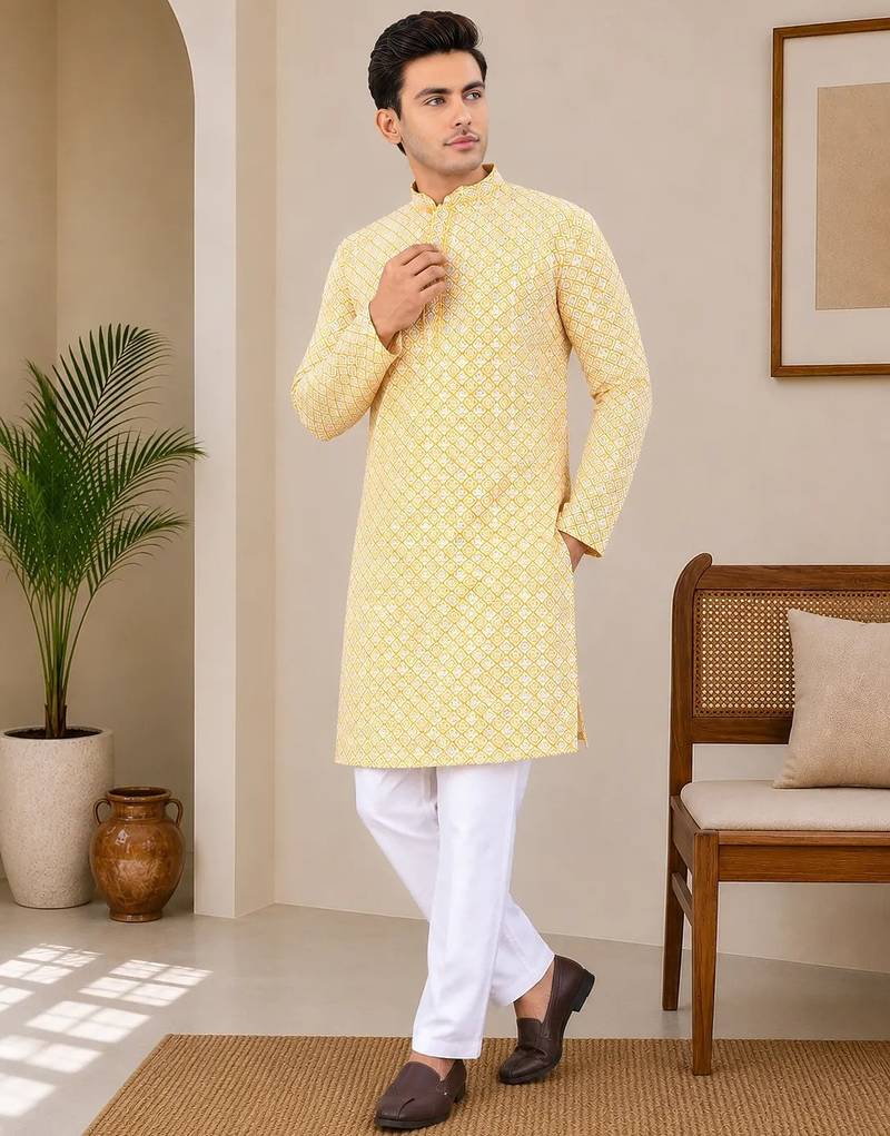Yellow color traditional chikankari embroidery cotton men's kurta payjama set