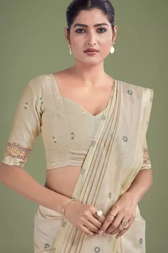 off white red silk blend banarasi jacuard work saree with unstitched blouse piece