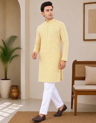 Yellow color traditional chikankari embroidery cotton men's kurta payjama set 2