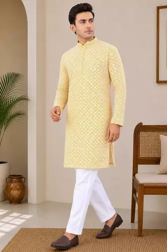 Yellow color traditional chikankari embroidery cotton men's kurta payjama set