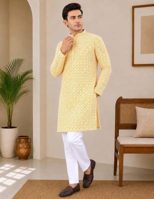 Yellow color traditional chikankari embroidery cotton men's kurta payjama set 3