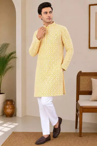 Yellow color traditional chikankari embroidery cotton men's kurta payjama set