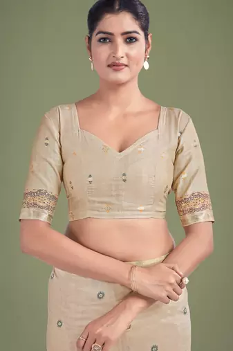 off white red silk blend banarasi jacuard work saree with unstitched blouse piece