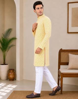 Yellow color traditional chikankari embroidery cotton men's kurta payjama set 4