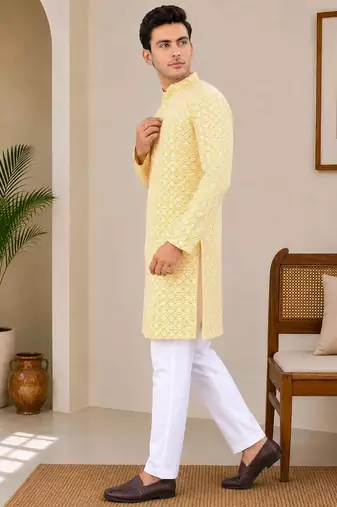 Yellow color traditional chikankari embroidery cotton men's kurta payjama set