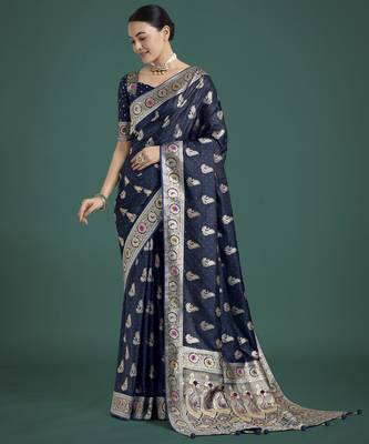 blue silk blend banarasi jacuard work saree with unstitched blouse piece 1