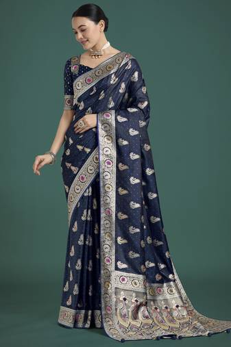 blue silk blend banarasi jacuard work saree with unstitched blouse piece