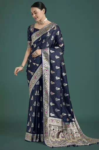 blue silk blend banarasi jacuard work saree with unstitched blouse piece
