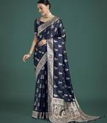 blue silk blend banarasi jacuard work saree with unstitched blouse piece