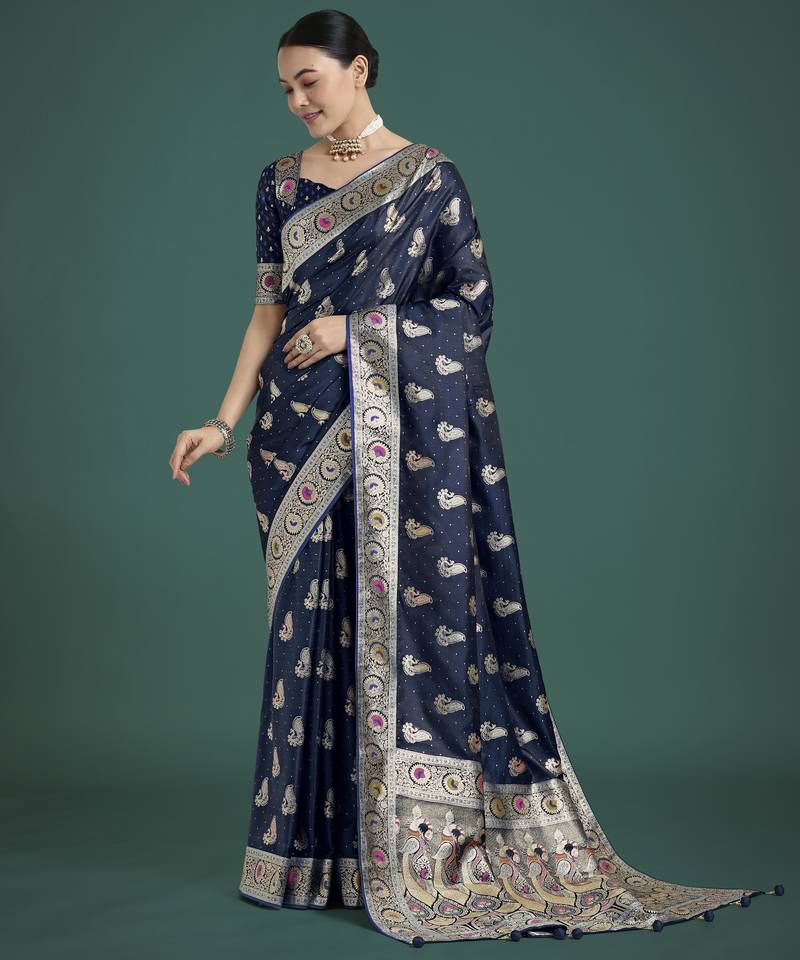 blue silk blend banarasi jacuard work saree with unstitched blouse piece
