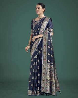 blue silk blend banarasi jacuard work saree with unstitched blouse piece 2