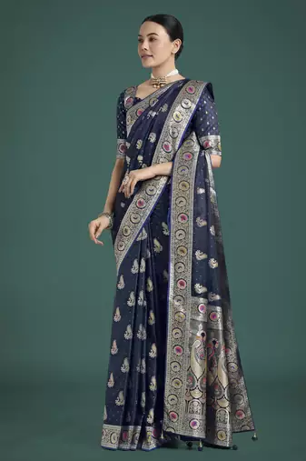 blue silk blend banarasi jacuard work saree with unstitched blouse piece