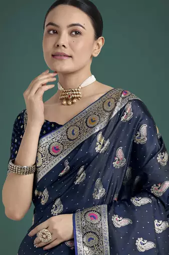 blue silk blend banarasi jacuard work saree with unstitched blouse piece