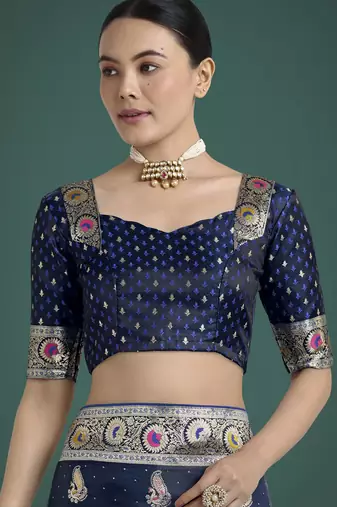 blue silk blend banarasi jacuard work saree with unstitched blouse piece