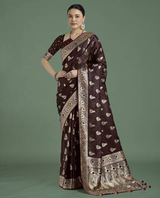 maroon silk blend banarasi jacuard work saree with unstitched blouse piece 1