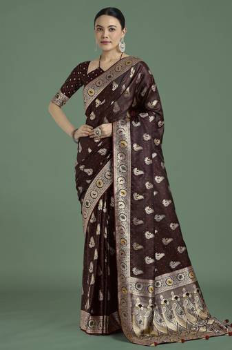 maroon silk blend banarasi jacuard work saree with unstitched blouse piece