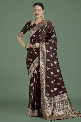 maroon silk blend banarasi jacuard work saree with unstitched blouse piece