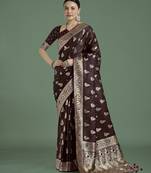 maroon silk blend banarasi jacuard work saree with unstitched blouse piece