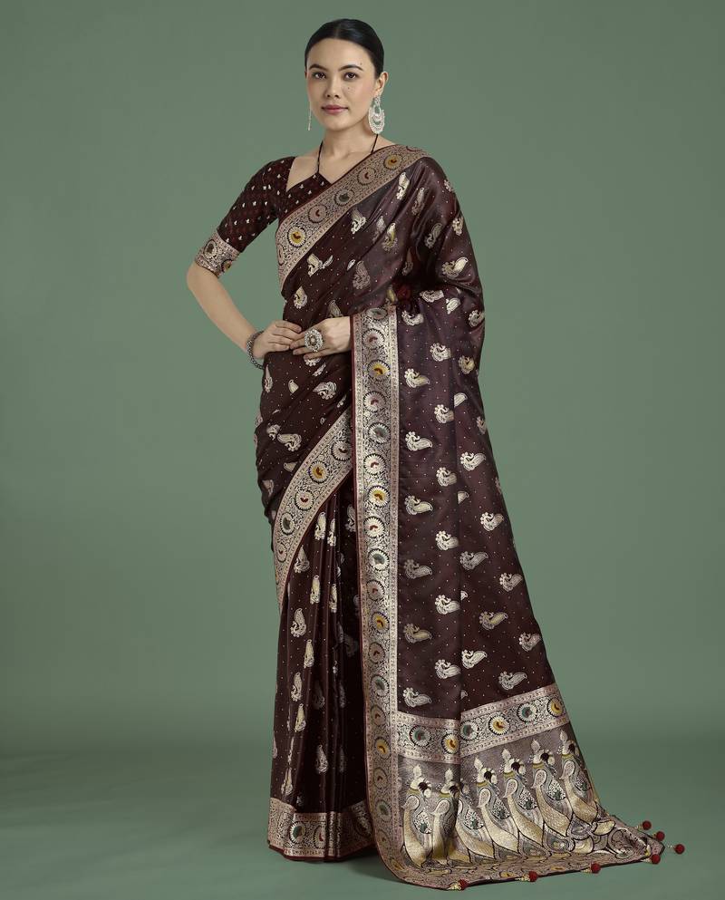maroon silk blend banarasi jacuard work saree with unstitched blouse piece