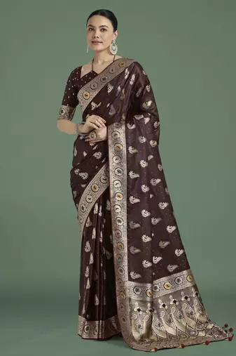 maroon silk blend banarasi jacuard work saree with unstitched blouse piece