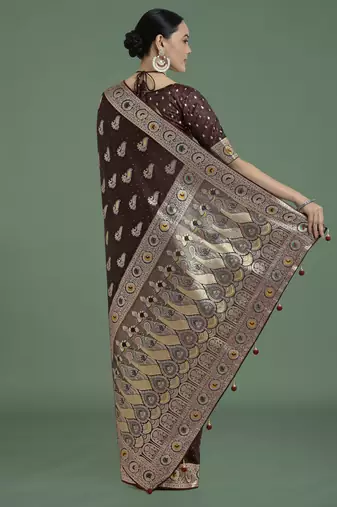 maroon silk blend banarasi jacuard work saree with unstitched blouse piece