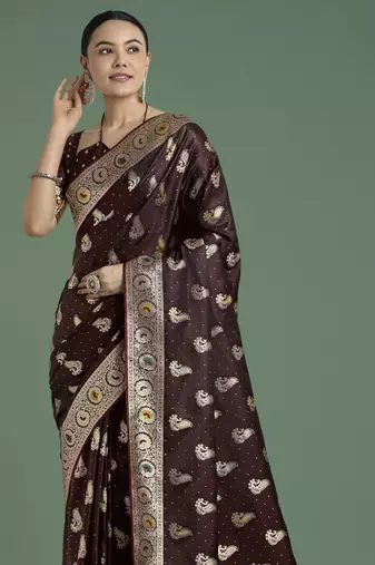 maroon silk blend banarasi jacuard work saree with unstitched blouse piece