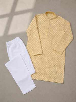 Yellow color traditional chikankari embroidery cotton men's kurta payjama set 5