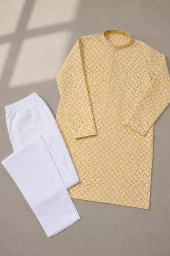 Yellow color traditional chikankari embroidery cotton men's kurta payjama set