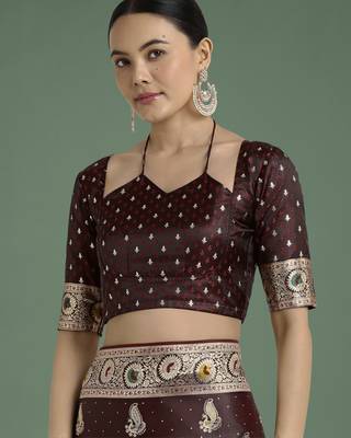 maroon silk blend banarasi jacuard work saree with unstitched blouse piece 5