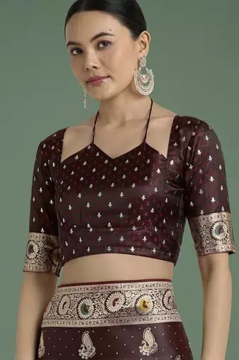 maroon silk blend banarasi jacuard work saree with unstitched blouse piece