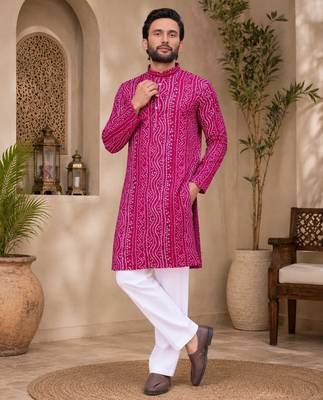 Pink color traditional chikankari embroidery cotton men's kurta payjama set 1
