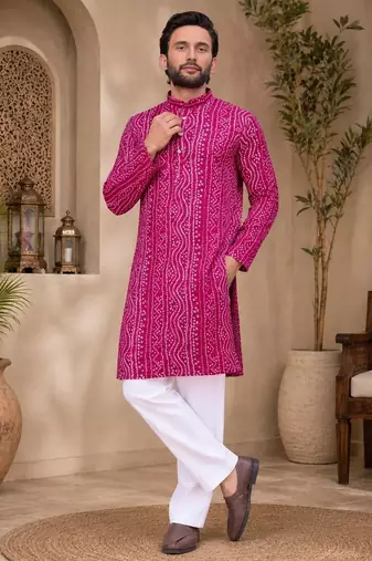 Pink color traditional chikankari embroidery cotton men's kurta payjama set