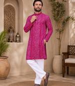 Pink color traditional chikankari embroidery cotton men's kurta payjama set
