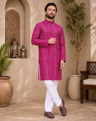 Pink color traditional chikankari embroidery cotton men's kurta payjama set 2