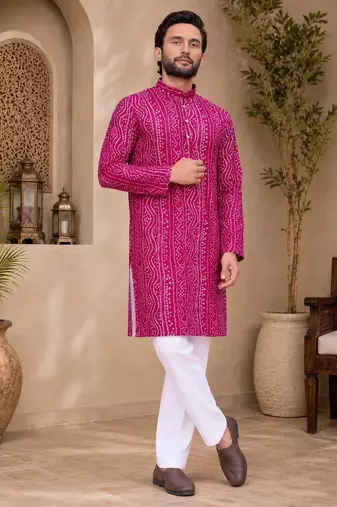 Pink color traditional chikankari embroidery cotton men's kurta payjama set