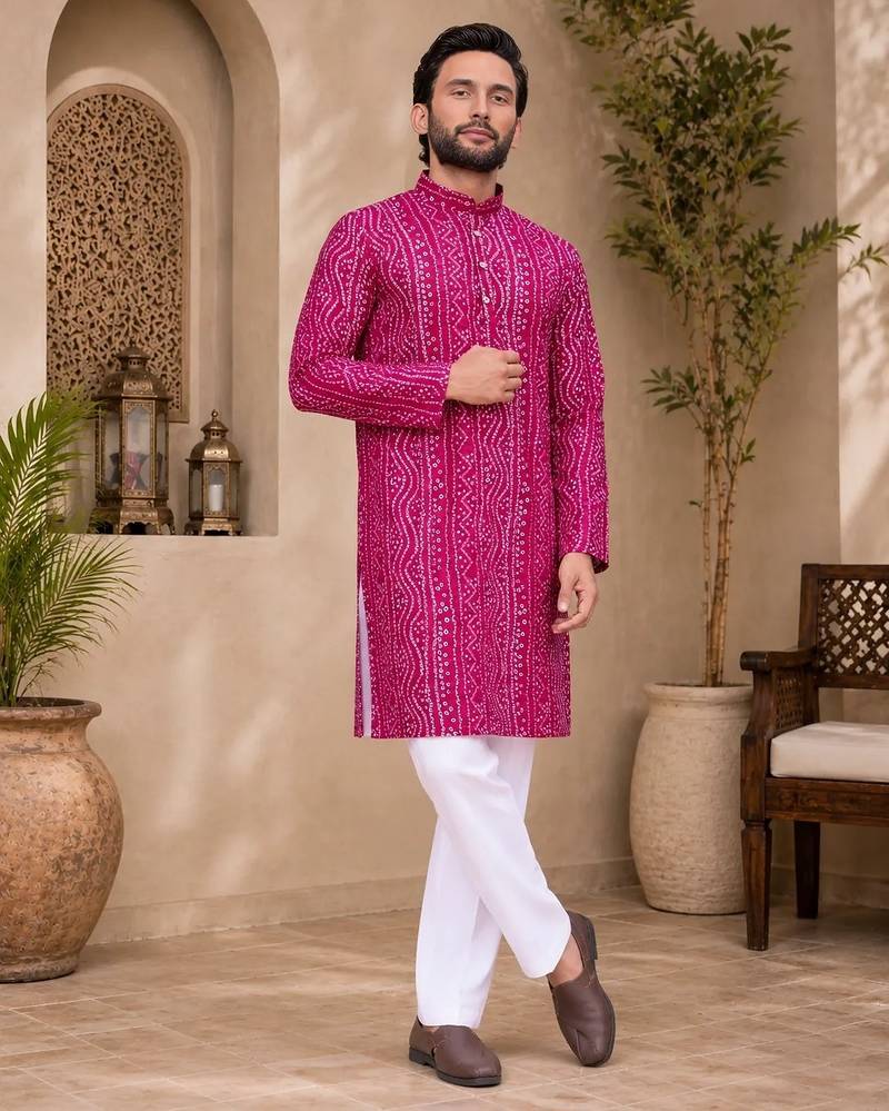 Pink color traditional chikankari embroidery cotton men's kurta payjama set