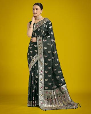 green silk blend banarasi jacuard work saree with unstitched blouse piece 1