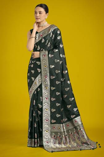 green silk blend banarasi jacuard work saree with unstitched blouse piece