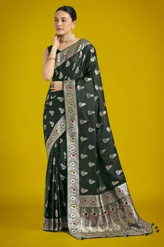 green silk blend banarasi jacuard work saree with unstitched blouse piece