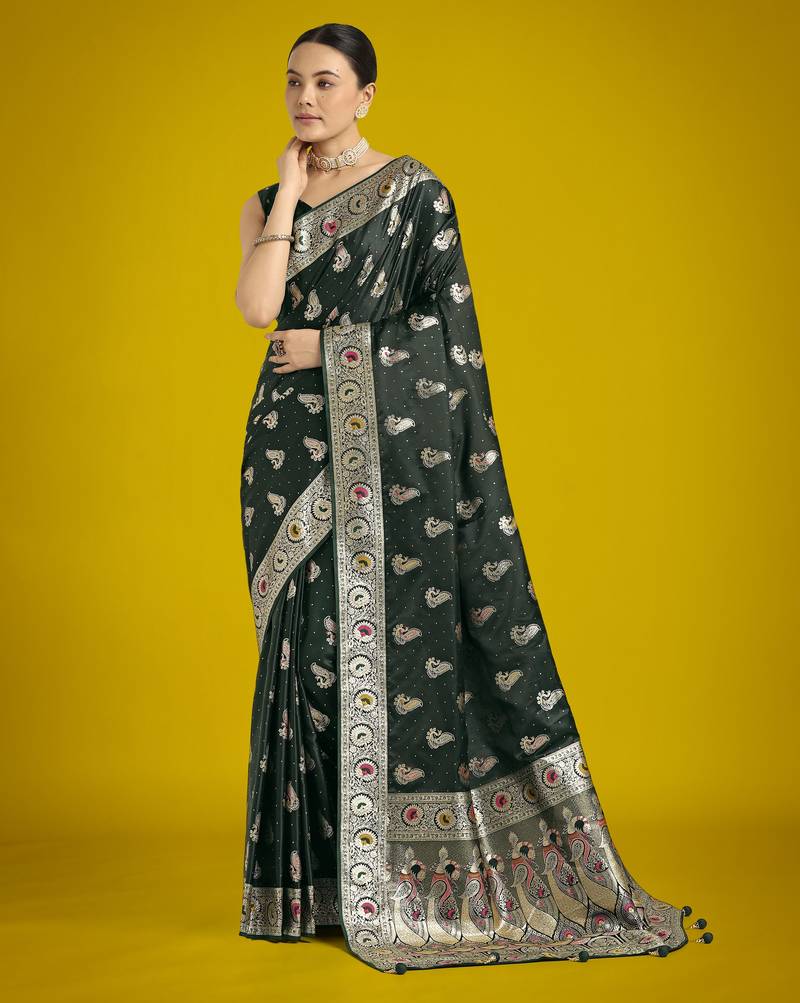 green silk blend banarasi jacuard work saree with unstitched blouse piece