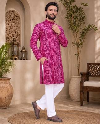 Pink color traditional chikankari embroidery cotton men's kurta payjama set 3